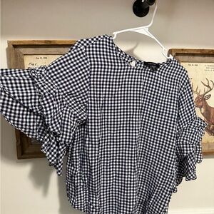 Karen Kane Navy and White Checkered Ruffle Blouse